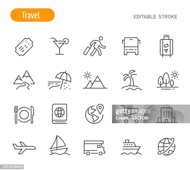 reisesymbole - linienserie - bearbeitbarer strich - baum sonne stock-grafiken, -clipart, -cartoons und -symbole