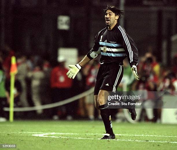 Argentina goalkeeper Carlos Roa celebrates after saving twice in the penalty shootout to secure victory over England in the World Cup second round...