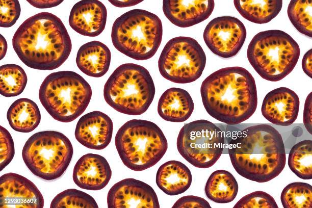 passion fruit slices back lit pattern - maracuja stock-fotos und bilder