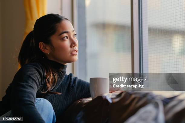 joven mujer sentada en el sofá por ventana y disfrutando de la bebida caliente en casa en la sala de estar - lazy day fotografías e imágenes de stock