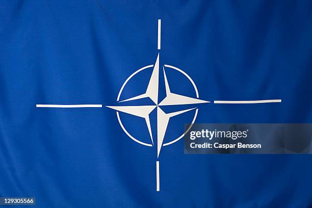 north atlantic treaty organization flag, white compass rose emblem in blue background - nato flag stock pictures, royalty-free photos & images