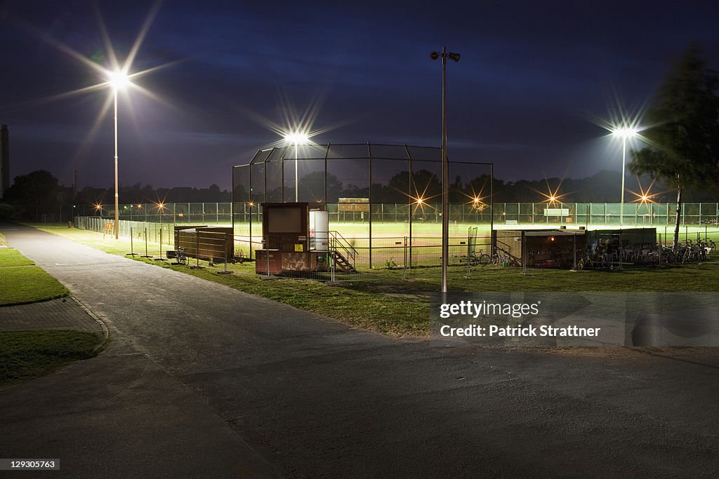 A baseball field at night, long exposure