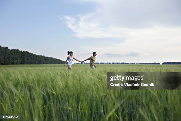 a man and woman holding hands and running through a wheat field - view of a couple holding hands and running in a field stock pictures, royalty-free photos & images