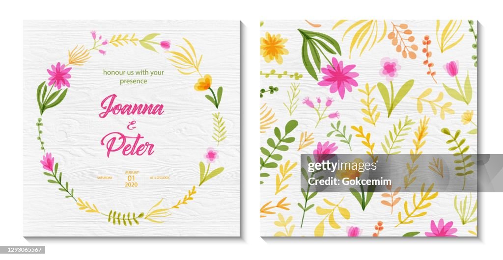 Wedding Invitation Card Design with Hand Drawn Watercolor Spring Flowers with White Wood Background. Wedding Concept, Design Element.