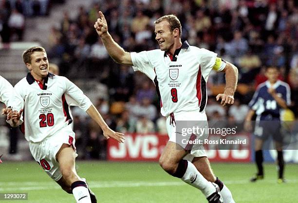 England captain Alan Shearer celebrates his goal during the World Cup second round match against Argentina at the Stade Geoffroy Guichard in St...