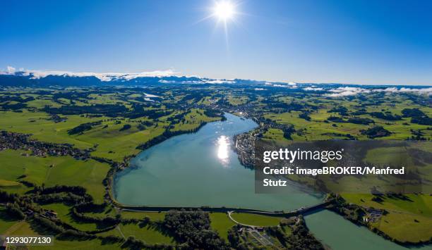 lechsee, camping via claudia near lechbruck am see, aerial view with view to the alps, allgaeu, bavaria, germany - camping bayern stock pictures, royalty-free photos & images