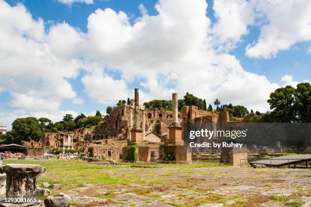 palatine hill seen from the forum, with a sky with fluffy clouds in the background, rome - palatin stock-fotos und bilder