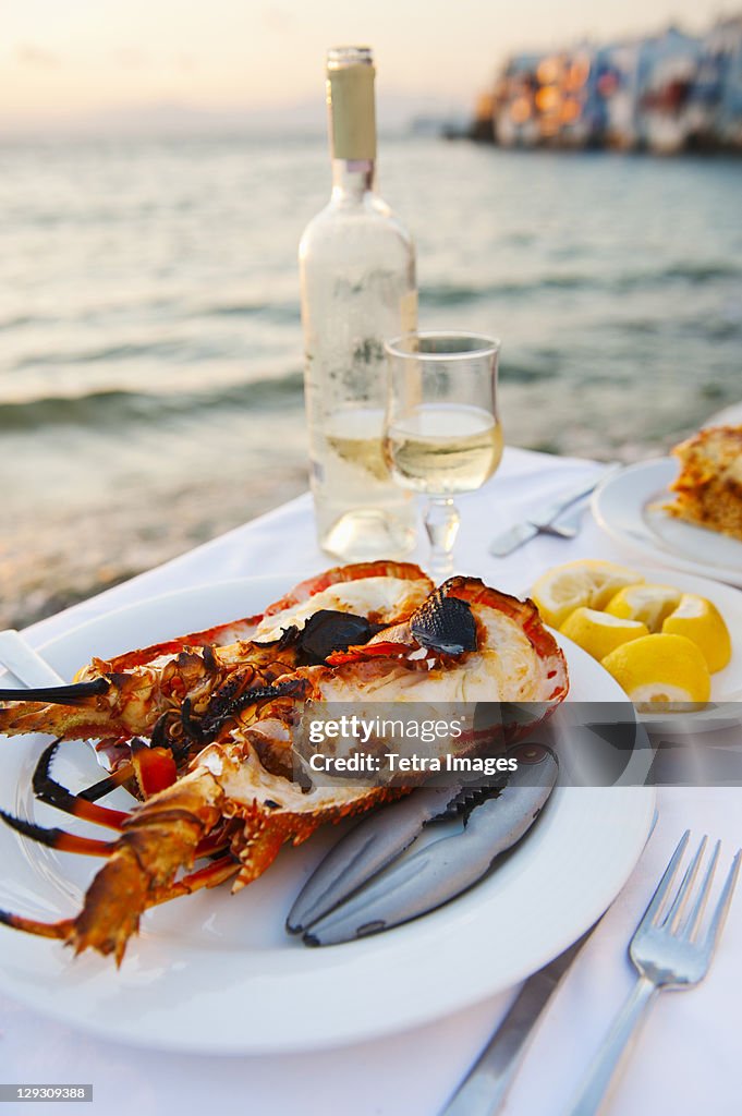 Greece, Cyclades Islands, Mykonos, Lobser dinner at coast