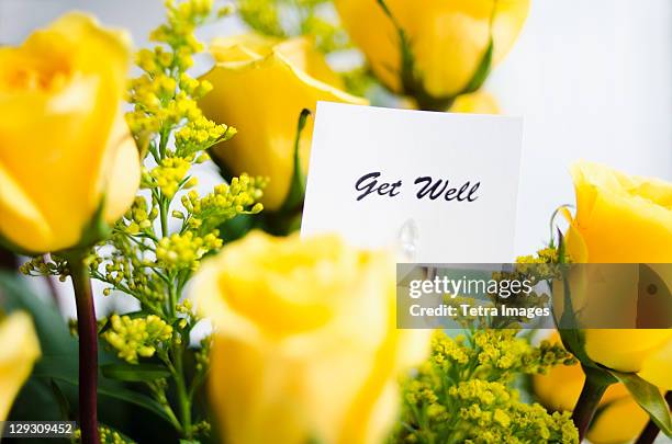 get well card on bouquet of roses - yellow rose stock pictures, royalty-free photos & images