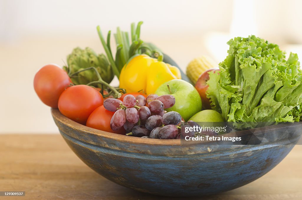 Bowl of organic fruit and vegetables