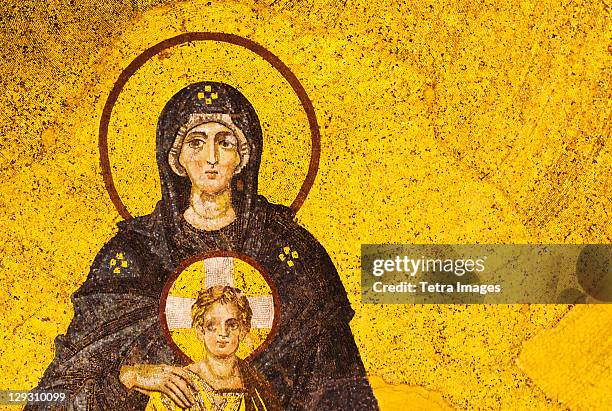 turkey, istanbul, mosaic of virgin mary and jesus in haghia sophia mosque  - virgin mary stock-grafiken, -clipart, -cartoons und -symbole