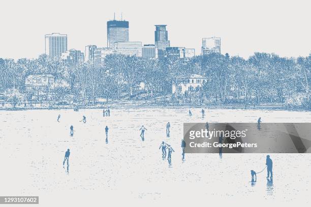 group of people ice skating on a frozen lake - frozen lake stock illustrations