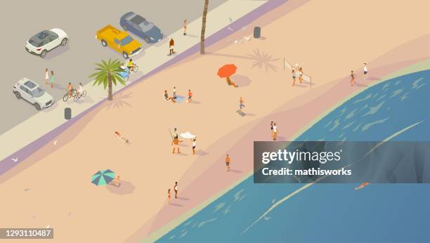 illustrazioni stock, clip art, cartoni animati e icone di tendenza di scena della spiaggia isometrica - parcheggiare