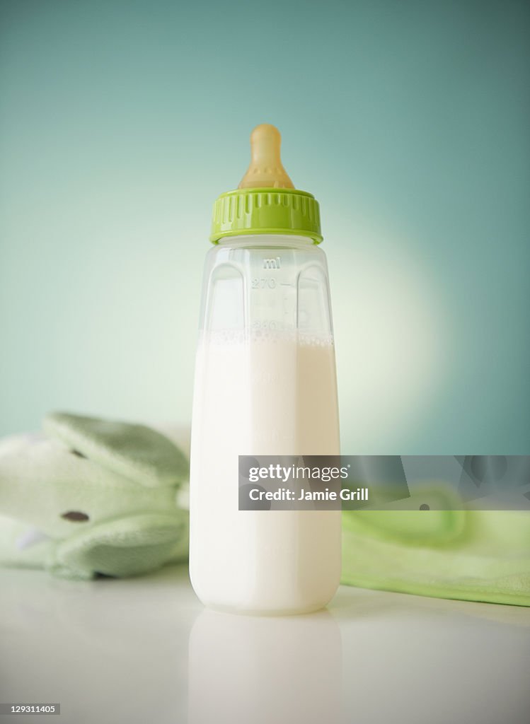 Close up of baby bottle with milk