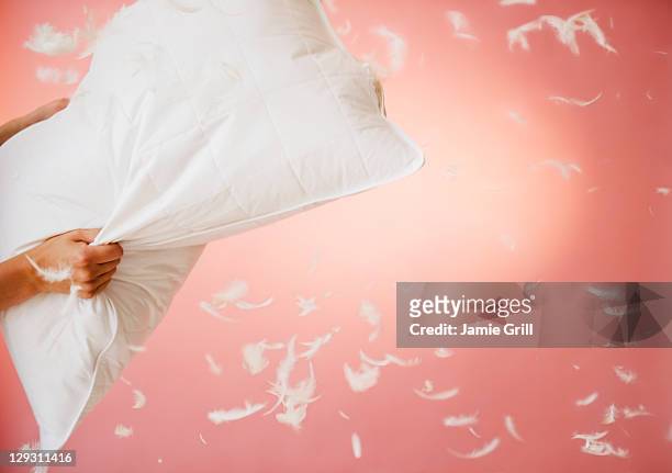 close up of hands holding pillow with feathers flying around - luta de almofada imagens e fotografias de stock