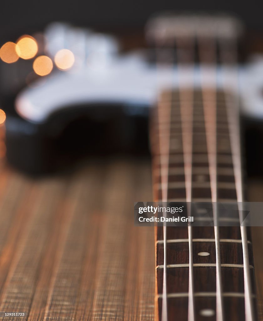 Close up of strings of bass guitar