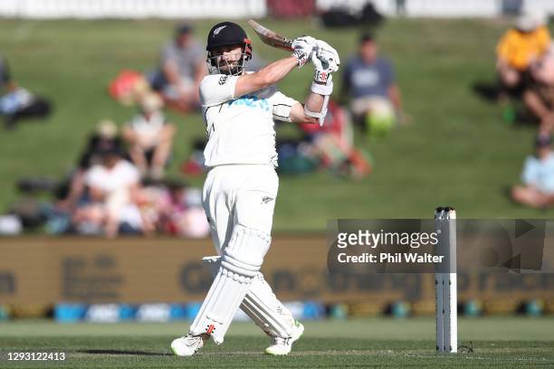 Kane Williamson of New Zealand bats during day one of the First Test match in the series between New Zealand and Pakistan at Bay Oval on December 26,...