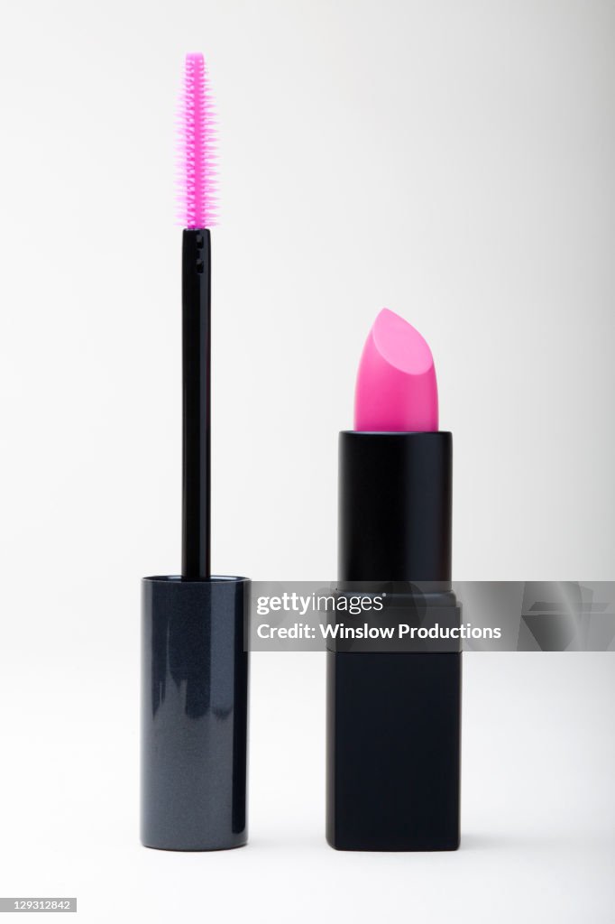 Studio shot of pink lipstick and mascara