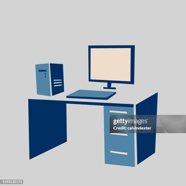 desktop computer on a table - working on desktop computer at home stock illustrations