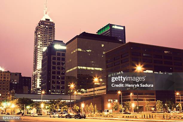 usa, indiana, indianapolis, downtown at sunset - indianapolis sunset stock pictures, royalty-free photos & images