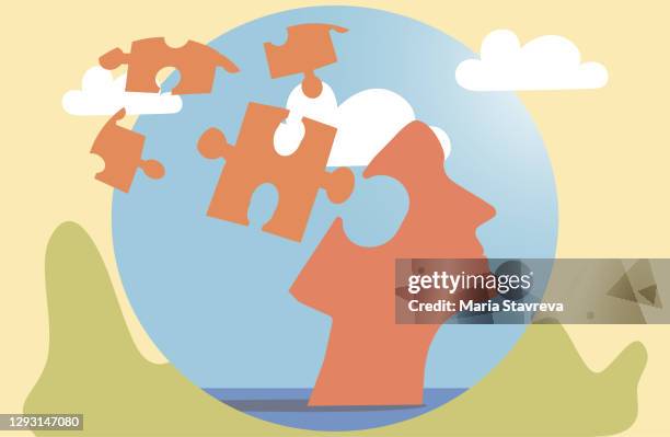 profile of head with jigsaw pieces. poster - alzheimers brain stock illustrations