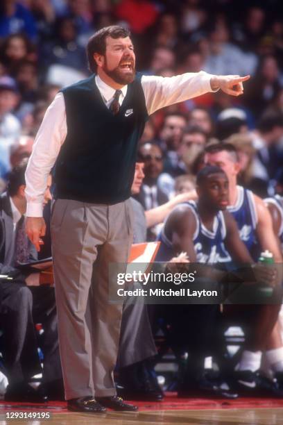 Head coach P.J. Carlesimo of Seton Hall Pirates signals to his players during the semifinals of the Big East Championships against Villanova Wildcats...