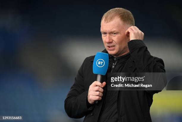 Sport Pundit, Paul Scholes looks on prior to the Premier League match between Leicester City and Manchester United at The King Power Stadium on...
