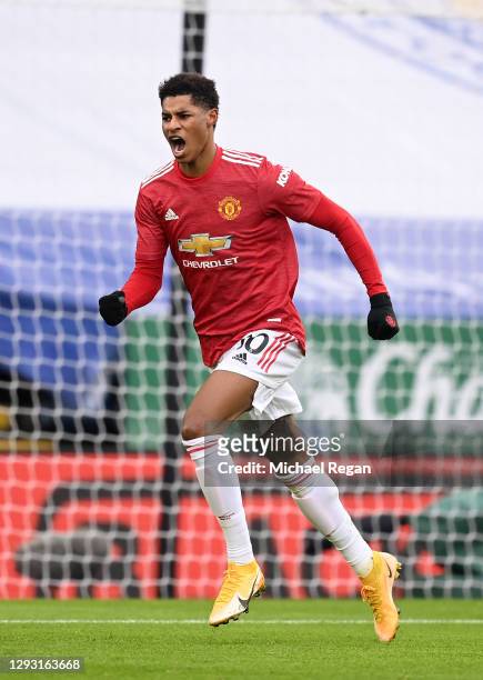 Marcus Rashford of Manchester United celebrates after scoring their team's first goal during the Premier League match between Leicester City and...