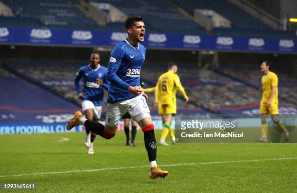 Ianis Hagi of Rangers celebrates after scoring their team's first goal during the Ladbrokes Scottish Premiership match between Rangers and Hibernian...