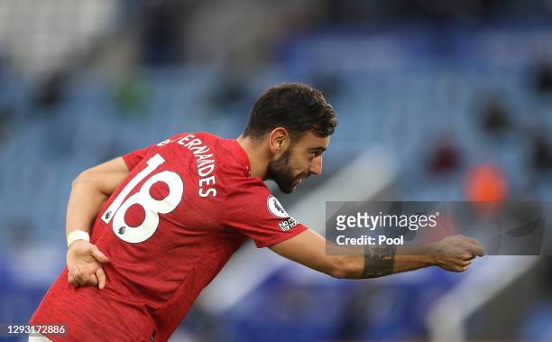 Bruno Fernandes of Manchester United celebrates after scoring their sides second goal during the Premier League match between Leicester City and...