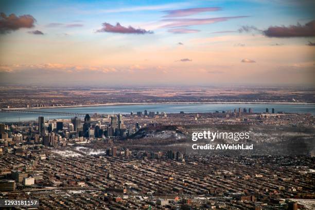 aerial view of montreal, the mountain and the city - montreal street stock pictures, royalty-free photos & images