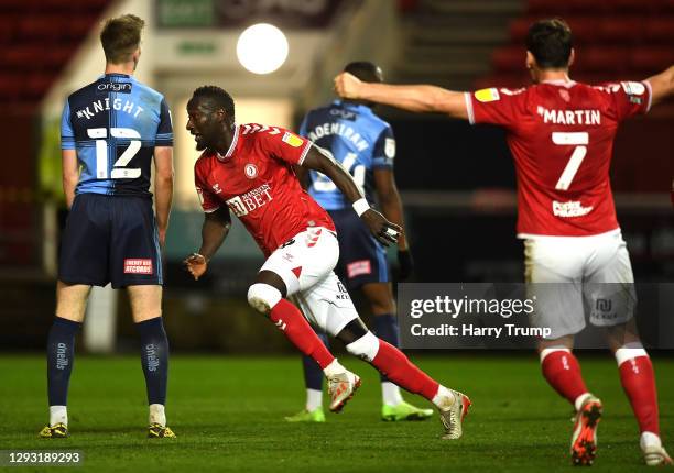 Famara Diedhiou of Bristol City celebrates after scoring his team's second goal during the Sky Bet Championship match between Bristol City and...