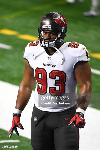 Ndamukong Suh of the Tampa Bay Buccaneers looks on prior to a game against the Detroit Lions at Ford Field on December 26, 2020 in Detroit, Michigan.