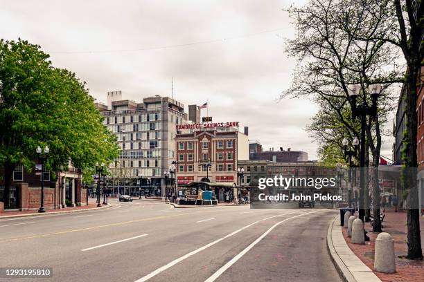 empty streets in harvard square, cambridge during the covid-19 pandemic - cambridge massachusetts imagens e fotografias de stock