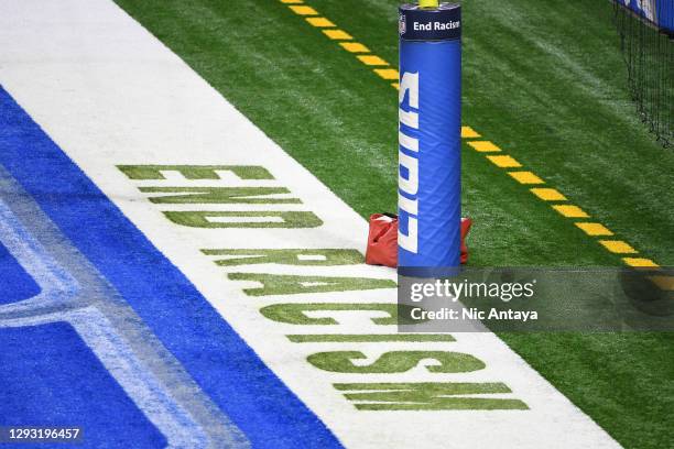 An "End Racism" field decal is seen from above during a game between the Detroit Lions and the Tampa Bay Buccaneers at Ford Field on December 26,...