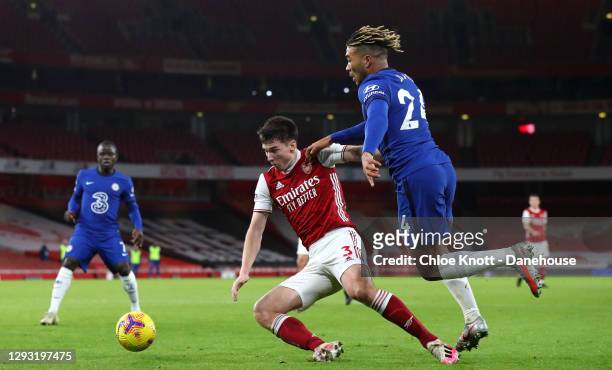 Reece James of Chelsea FC fouls Kieran Tierney of Arsenal resulting in a penalty during the Premier League match between Arsenal and Chelsea at...