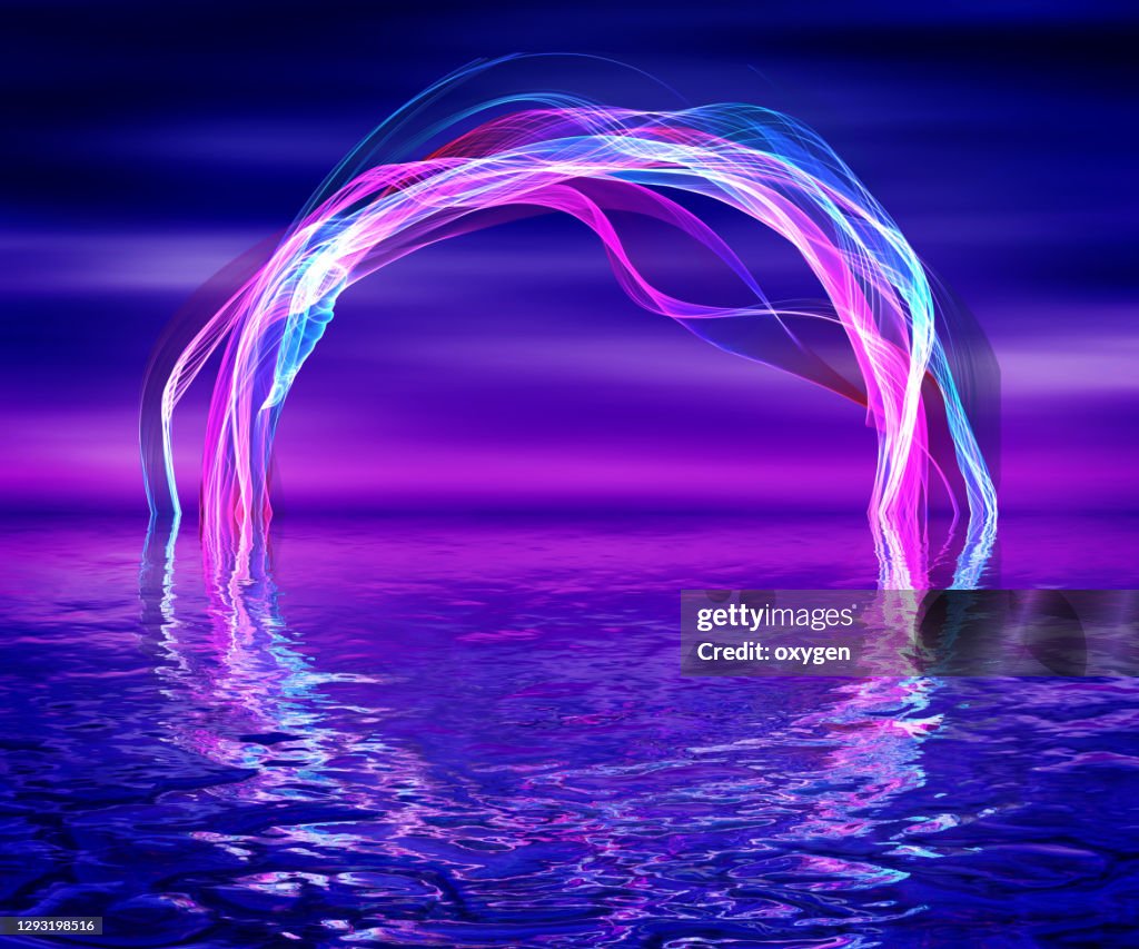 Neon Circle Frame Retro Futuristic Abstract Blue Violet Water Surface with