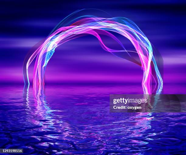 neon circle frame retro futuristic abstract blue violet water surface with - dark ocean ripples stockfoto's en -beelden