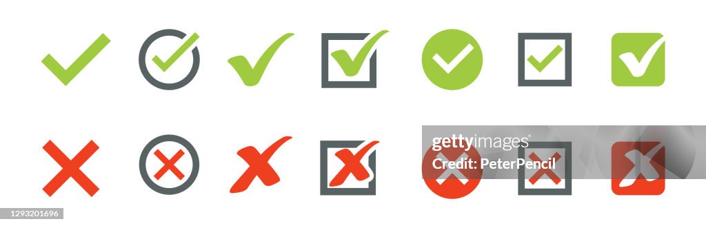 Marque Marcar conjunto de iconos. Ilustración de vectores de stock
