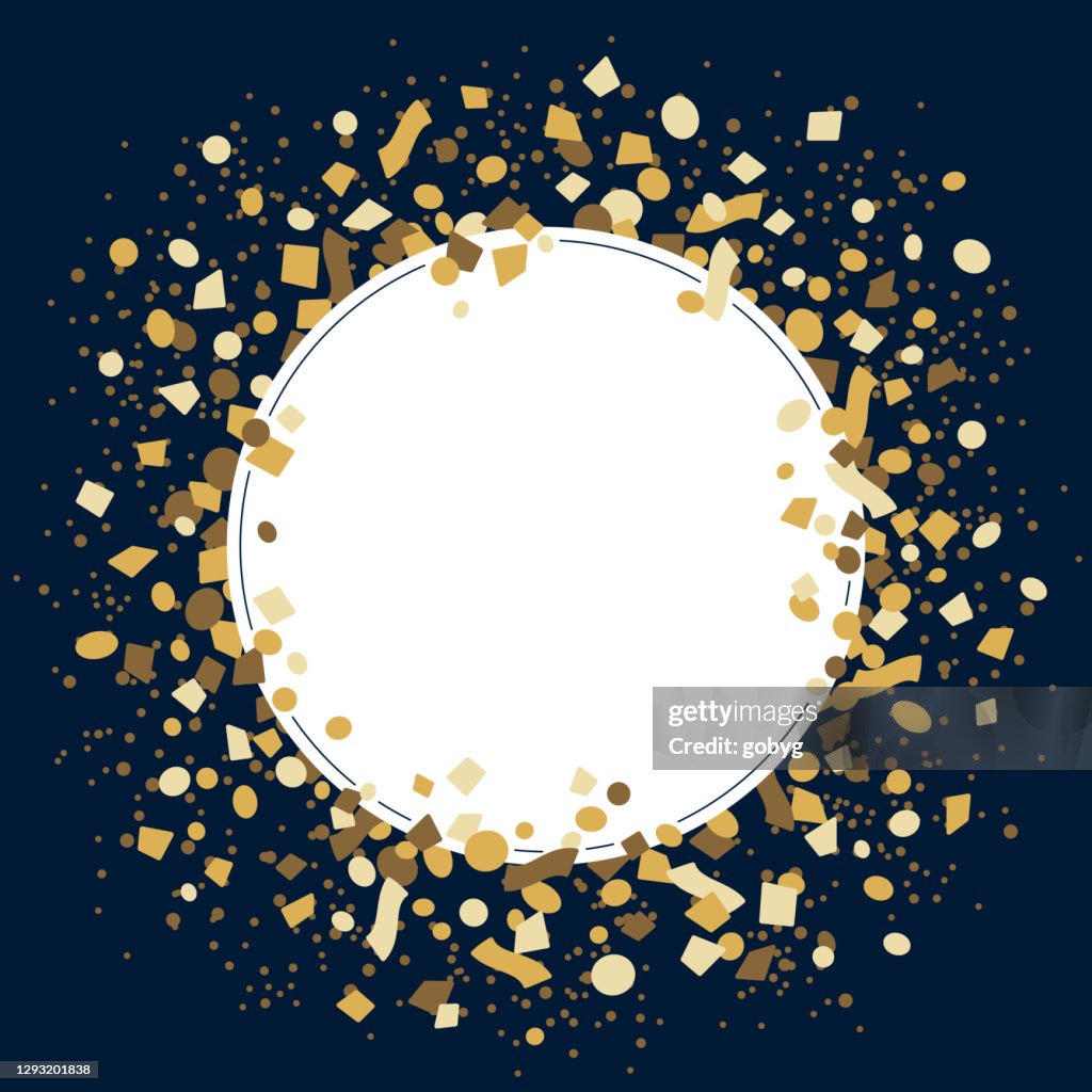 Gold confetti celebration, blank round frame