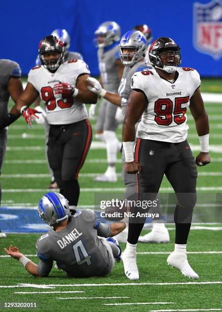 Jeremiah Ledbetter of the Tampa Bay Buccaneers sacks Chase Daniel of the Detroit Lions during the first half at Ford Field on December 26, 2020 in...