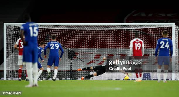 Jorginho of Chelsea has his penalty saved by Bernd Leno of Arsenal during the Premier League match between Arsenal and Chelsea at Emirates Stadium on...