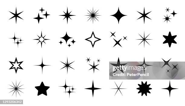 funkeln stern icon set - vektor stock illustration. verschiedene formen von sternen, sternbildern, galaxien - black and white background stock-grafiken, -clipart, -cartoons und -symbole