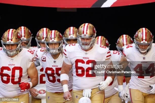 Offensive tackle Daniel Brunskill, tight end George Kittle, center Tony Bergstrom, and fullback Kyle Juszczyk of the San Francisco 49ers take the...