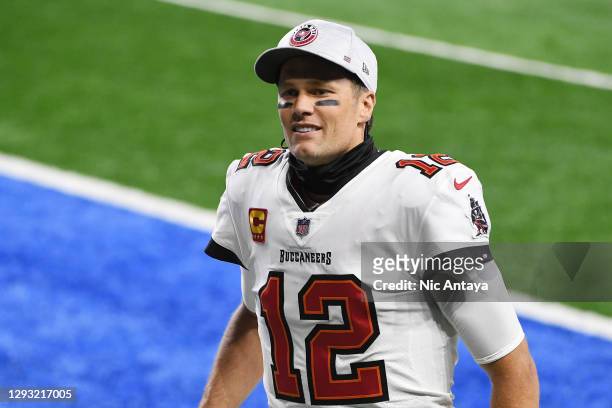 Tom Brady of the Tampa Bay Buccaneers heads off the field following a game against the Detroit Lions at Ford Field on December 26, 2020 in Detroit,...