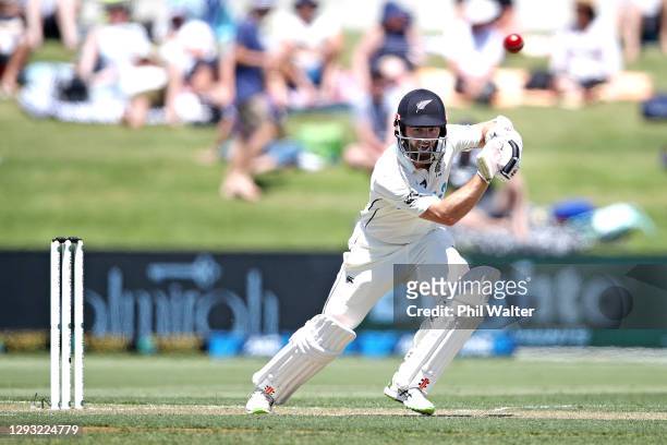 Kane Williamson of New Zealand bats during day two of the First Test match in the series between New Zealand and Pakistan at Bay Oval on December 27,...