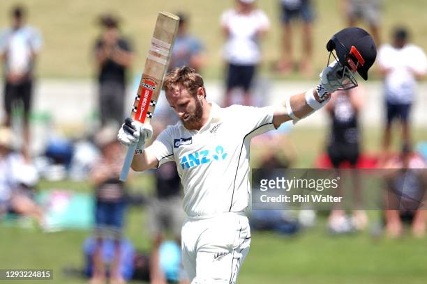 Kane Williamson of New Zealand makes his century during day two of the First Test match in the series between New Zealand and Pakistan at Bay Oval on...