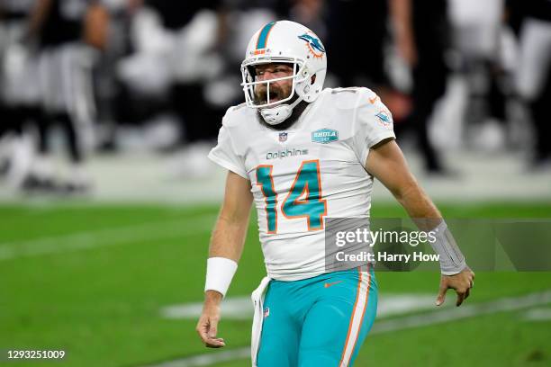 Ryan Fitzpatrick of the Miami Dolphins reacts to a touchdown pass during the fourth quarter of a game against the Las Vegas Raiders at Allegiant...