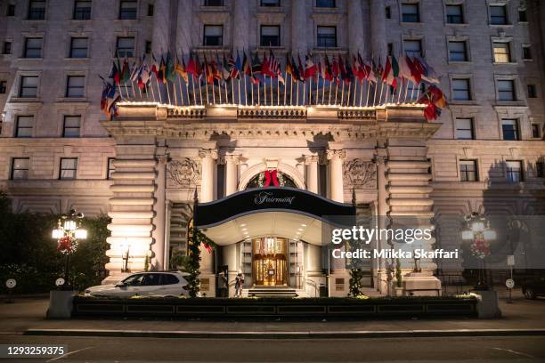 View of Fairmont hotel in Holiday decoration on December 26, 2020 in San Francisco, California.