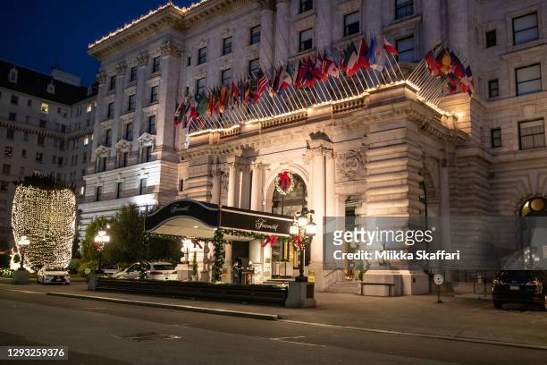 View of Fairmont hotel in Holiday decoration on December 26, 2020 in San Francisco, California.